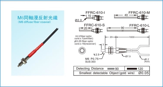 M6 Diffuse Koncentryczny czujnik światłowodowy R25 Fibre Unit 120mm Sensing Photo Sensor